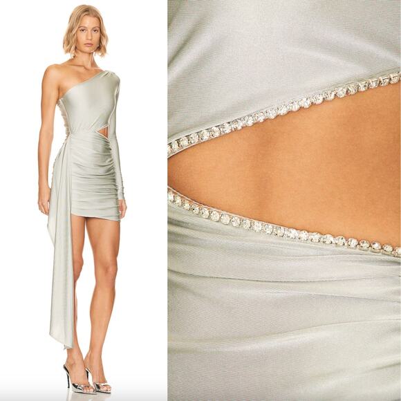 Khanum's | NWT One Shoulder Sash Mini Dress in Silver Party Rhinestone Trim XS - Picture 2 of 16